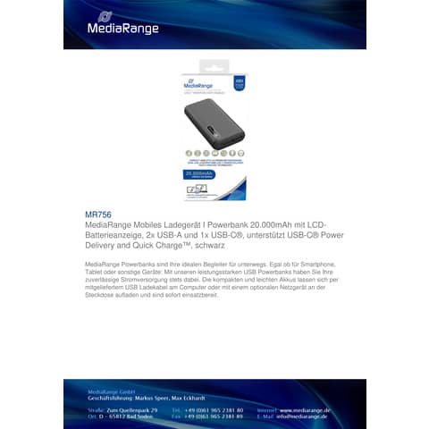 Powerbank 20.000 mAh 2x USB-A e 1x USB-C Media Range nero MR756